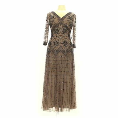 Pisarro Nights Beaded Gown Dress- Size 8 - Brown - V Neck - Three Quarter  Sleeve | eBay