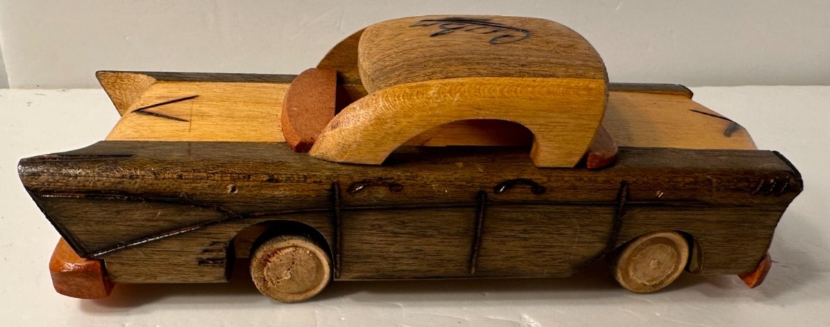 Vintage Cuban Folk Art 1957 Handmade Wooden Toy Car 7 1/2