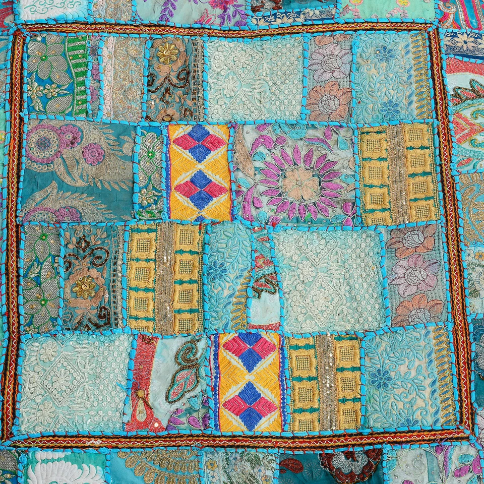 Square Patchwork Cushion Cover Indian Bohemian Vintage Floor Decor Pillow Cover  - Image 3 of 4
