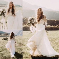 Bohemian Beach Lace Wedding Dresses With Sheer Long Sleeves Bateau Neck A Line