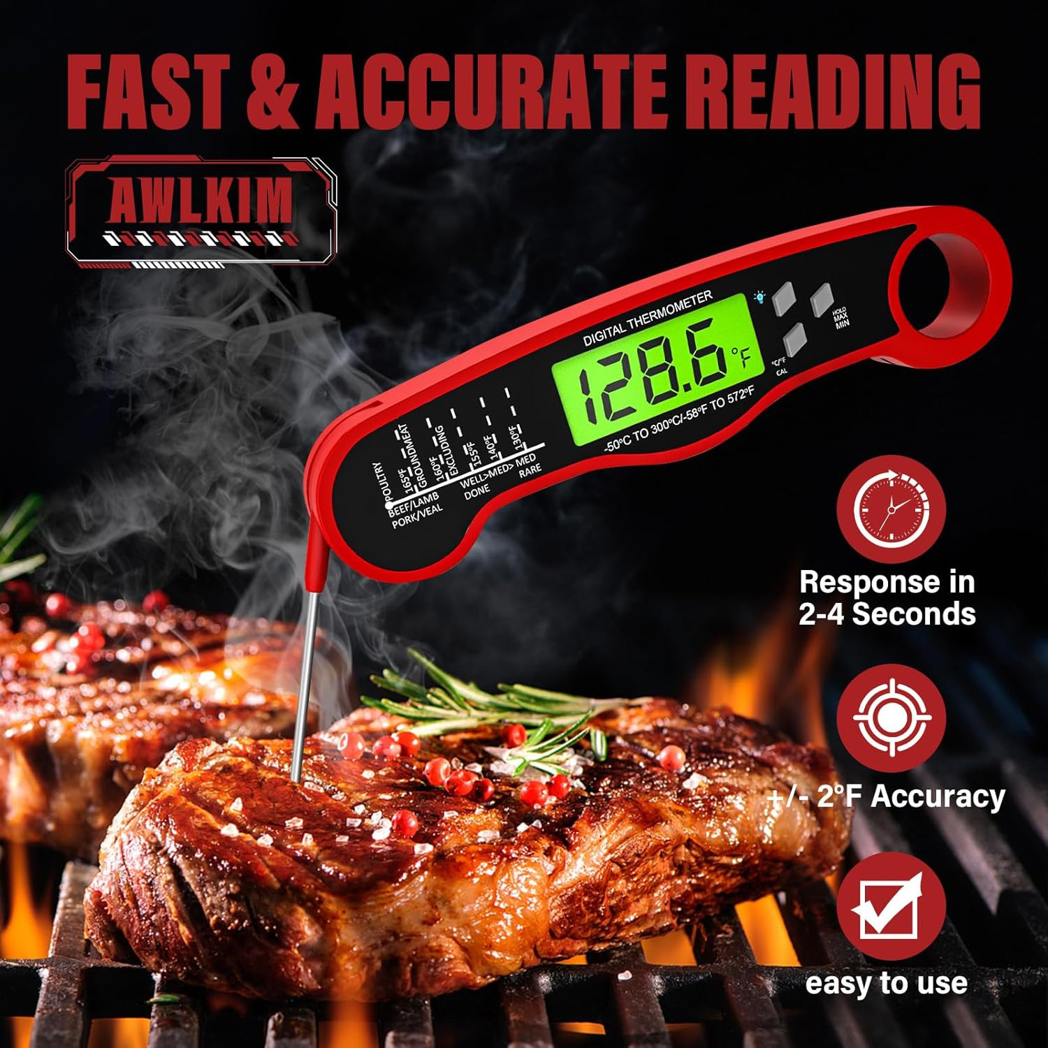 Instant Read Meat Thermometer for Grill and Cooking, Waterproof Fast Food Thermo