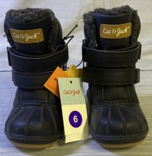 Cat Jack Boys Denver Snow Boots Black Faux Fur Hook Loop Insulated Sz:6 New