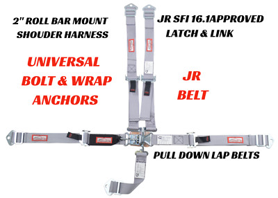 GREY 2'' KIDS RACE HARNESS 5 POINT LATCH & LINK BOLT OR WRAP SFI 16.1 APPROVED