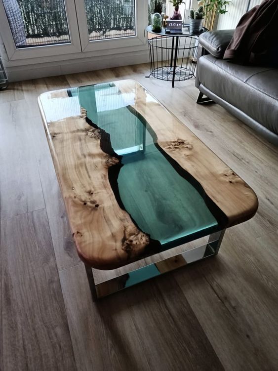 Clear Green Epoxy Coffee Center Table Top - Live Edge Round Corner Table Decor-image