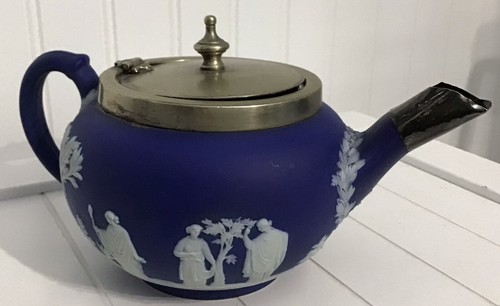 Antique Wedgwood England Jasperware Neo-classical Cameo Dark Blue Teapot Vintage
