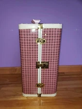 1950s?  Plaid Pink/Black Metal Doll Steamer Trunk, approximately 20x10x11