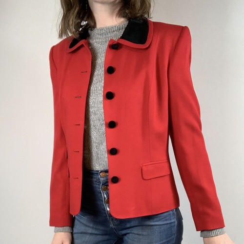 Vtg David Brooks Womens Red Blazer Jacket Velvet Trim Sz 6 Made In USA - Bild 2 von 9