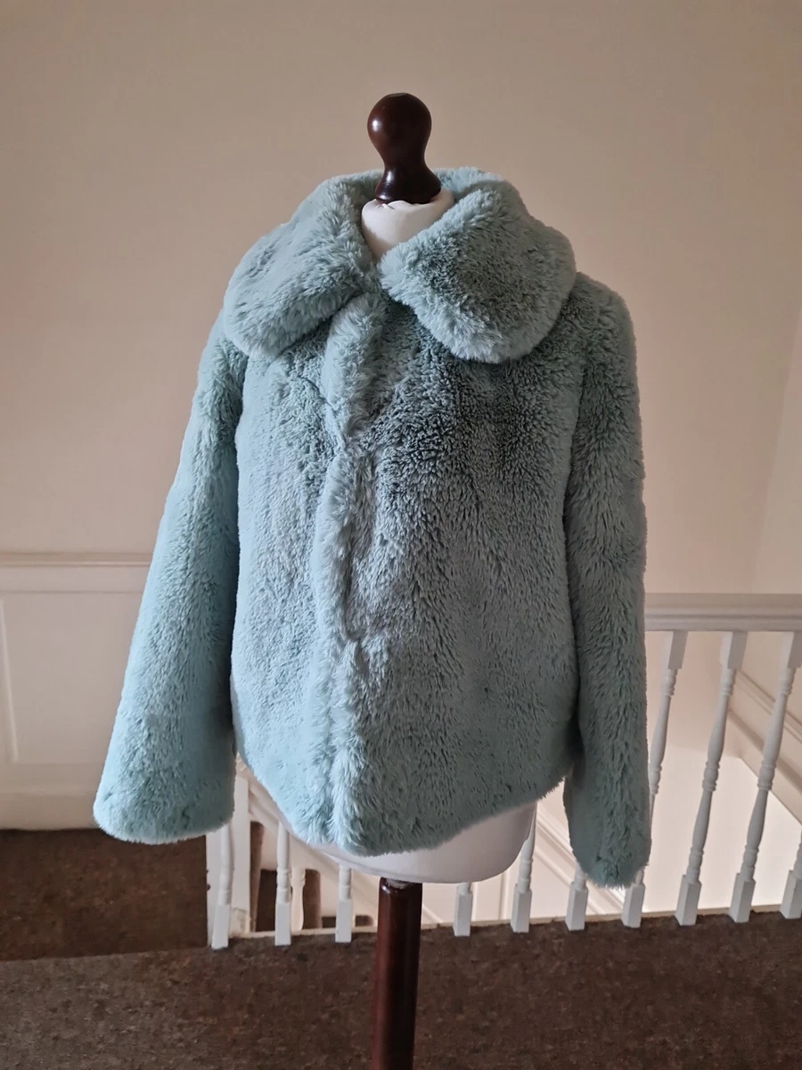 Topshop 12 Faux Fur Coat Jacket Mint Icy Green Blue Plush Teddy