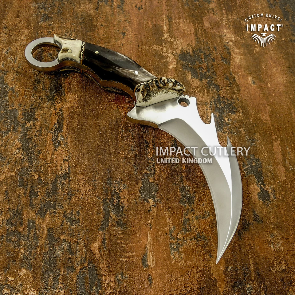 Impact Cutlery Custom Handmade Full Tang Karambit Knife Crown Antler | D2 Talon - Image 2 of 4