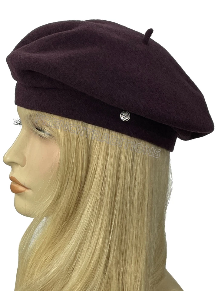 Laulhere 100% Wool Beret Hat Coco Eggplant with Black Bow -Made France 7 -7 1/8 - Image 2 of 4