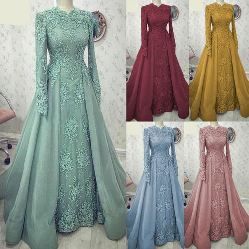 Muslim Lace Evening Dresses Long Sleeve 