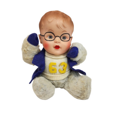 VINTAGE MRP RUBBER FACE DOLL SITTING W/ GLASSES 63 STUFFED ANIMAL PLUSH ANTIQUE