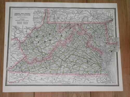 1886 ORIGINAL ANTIQUE MAP OF VIRGINIA / WEST VIRGINIA / DELAWARE - Imagen 1 de 8