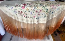 Antique 1920's Chinese Embroidered Silk Piano Shawl w/Orange Ombre 21" Fringe
