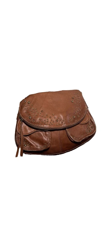 LUCKY BRAND Stash Crossbody Italian Leather Studs Caramel Fold Over Western - Image 2 of 4