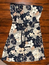 Old Navy Strapless Floral Dress Black Beige Cotton Lined Belted - Size 18