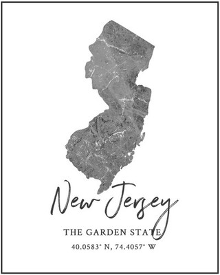 New Jersey State Map Wall Art Print - 8x10 10''L x 8''W, black, white, grey 