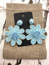 Light Blue Raffia Woven Flower Earrings