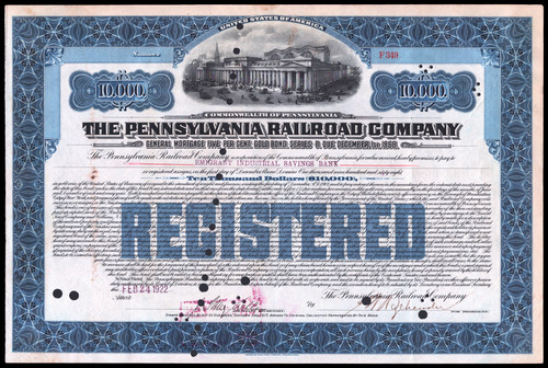 1922 $10,000 Pennsylvania Railroad Company Bond Irish Emigrant Aid Society VG+