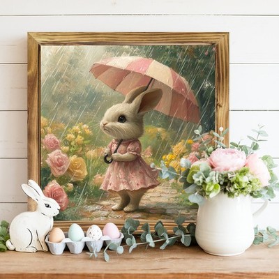 Wooden Plaque Easter Bunny Girl with Umbrella Floral Spring Farmhouse Decoration