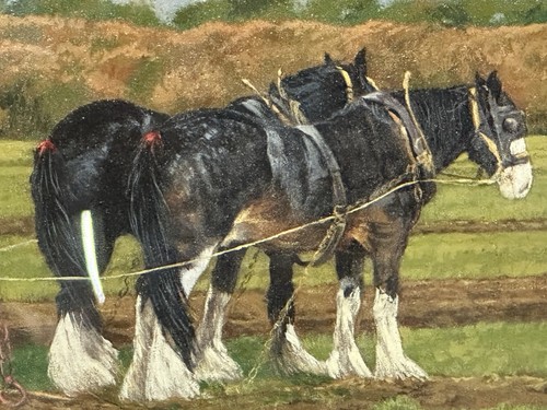 Hermosa pintura al óleo vintage de caballos de la comarca arando un campo por D B Smith ❤️ - Imagen 5 de 12