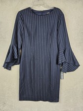 Tahari Arthur S Levine Women's Ruffle Bell Sleeve Striped Dress Navy Size 10 