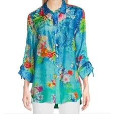 John Mark Womens 2X Blue Tropical Island Print Button Front Top Shirt NWT