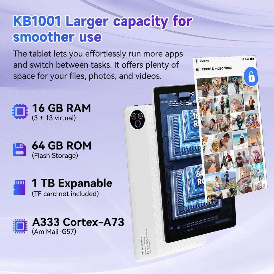 Tablet, 10 Inch Android 14 Tablets, 16GB RAM+64GB ROM (TF 1TB) with Octa-Core - Image 4 of 4