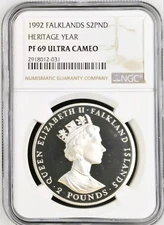 TOP POP - 1992 Falkland Islands Silver £2 Heritage Year Proof NGC PF69