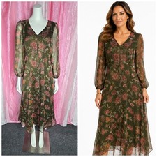 Talbots Graceful Floral Metallic Stripe Green Overlay Midi Dress Size 4