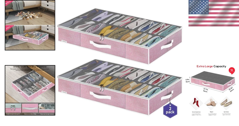Large Under Bed Shoe Organizer, Set of 2 - Holds 32 Pairs, Dust-Free - Image 2 of 4
