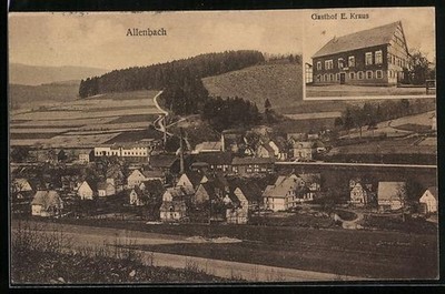 AK Allenbach / Hilchenbach, Gasthof E. Kraus, Ortsansicht aus der Vogelschau 
