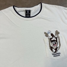 Vintage Taz Looney Tunes Golf T Shirt Mens Large Embroidered Cream Pocket Tee