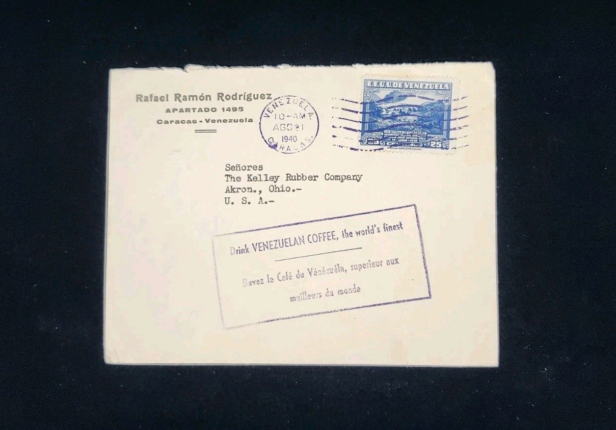 1940 Venezuela to USA Cover Caracas Venezuelan Coffee Slogan to Kelley Rubber Co