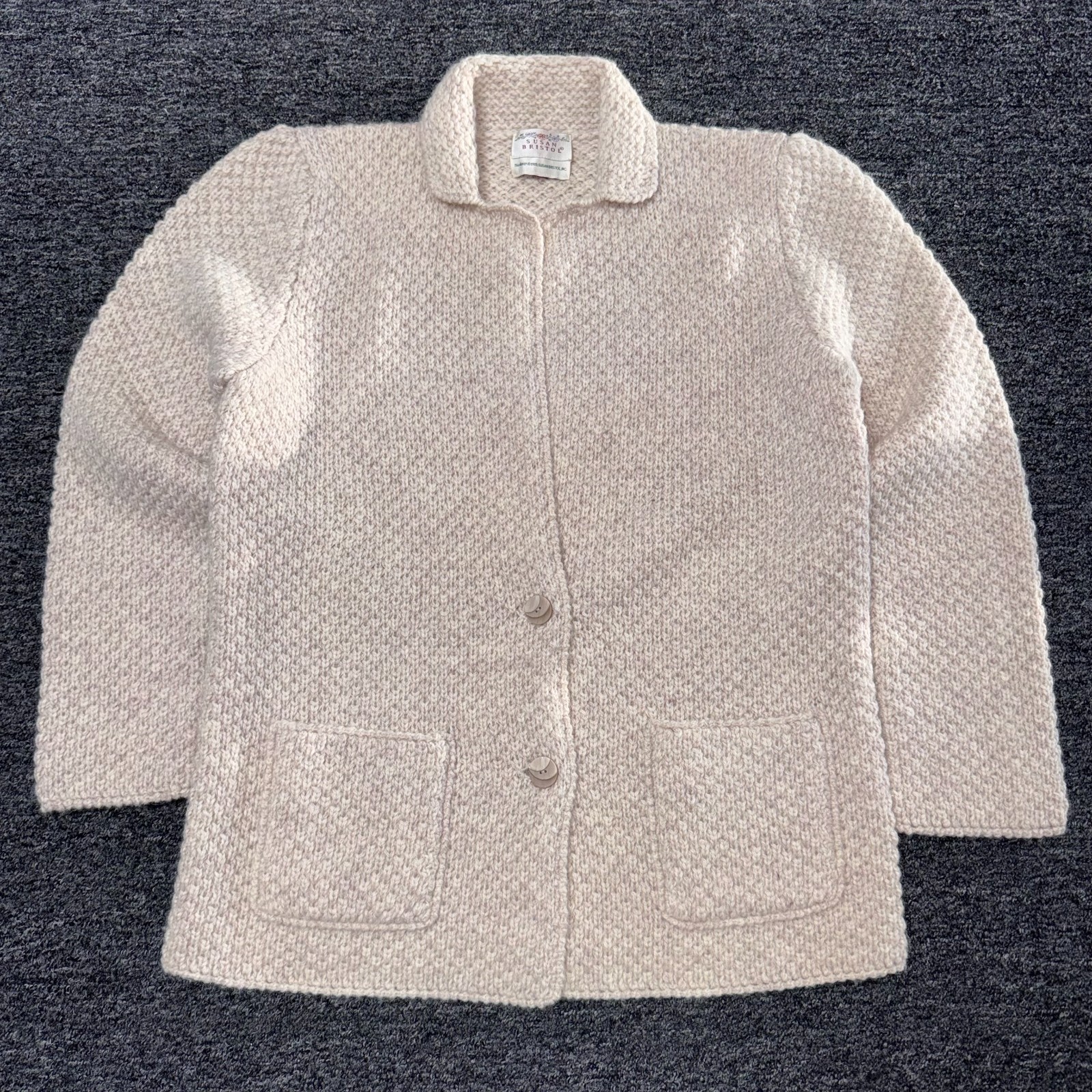 Susan Bristol Vintage Wool Knit Cardigan Fisherman Sweater Womens Sz M/L Beige