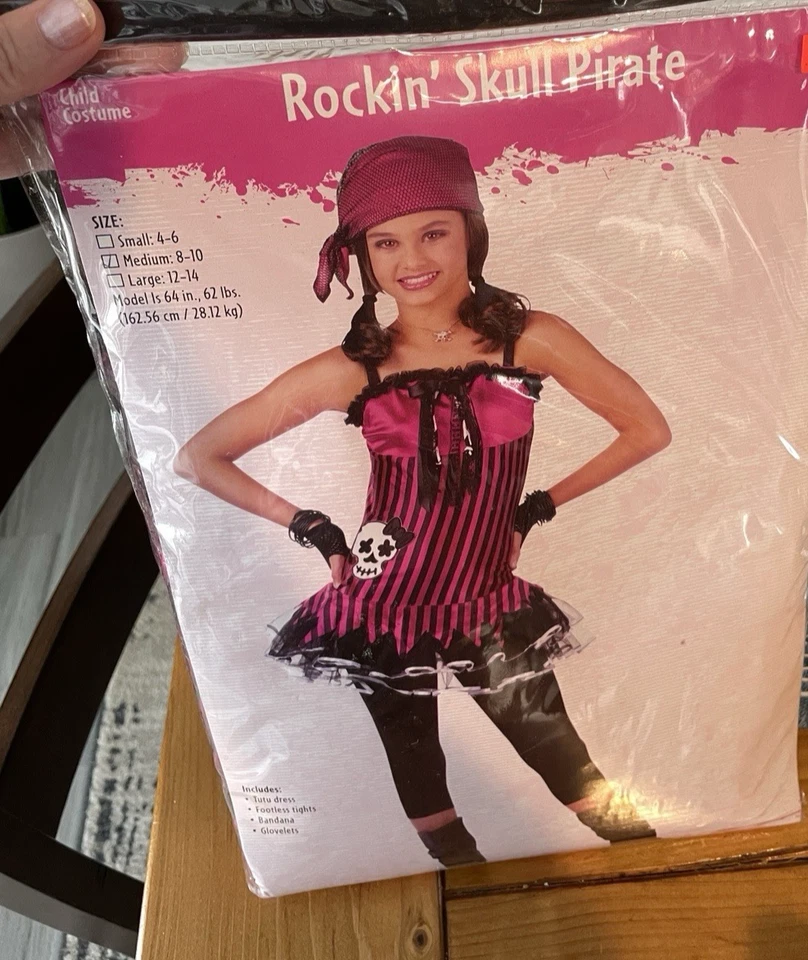Disfraz de Halloween Talla M - Niñas Rosa y Negro Rayas Calavera Pirata Tutú Vestido Foto 3 de 4