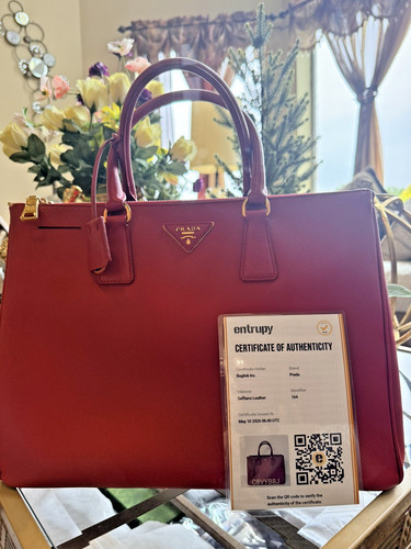Prada Galleria Executive Large Red Saffiano Leather Double Zip Tote Italy COA