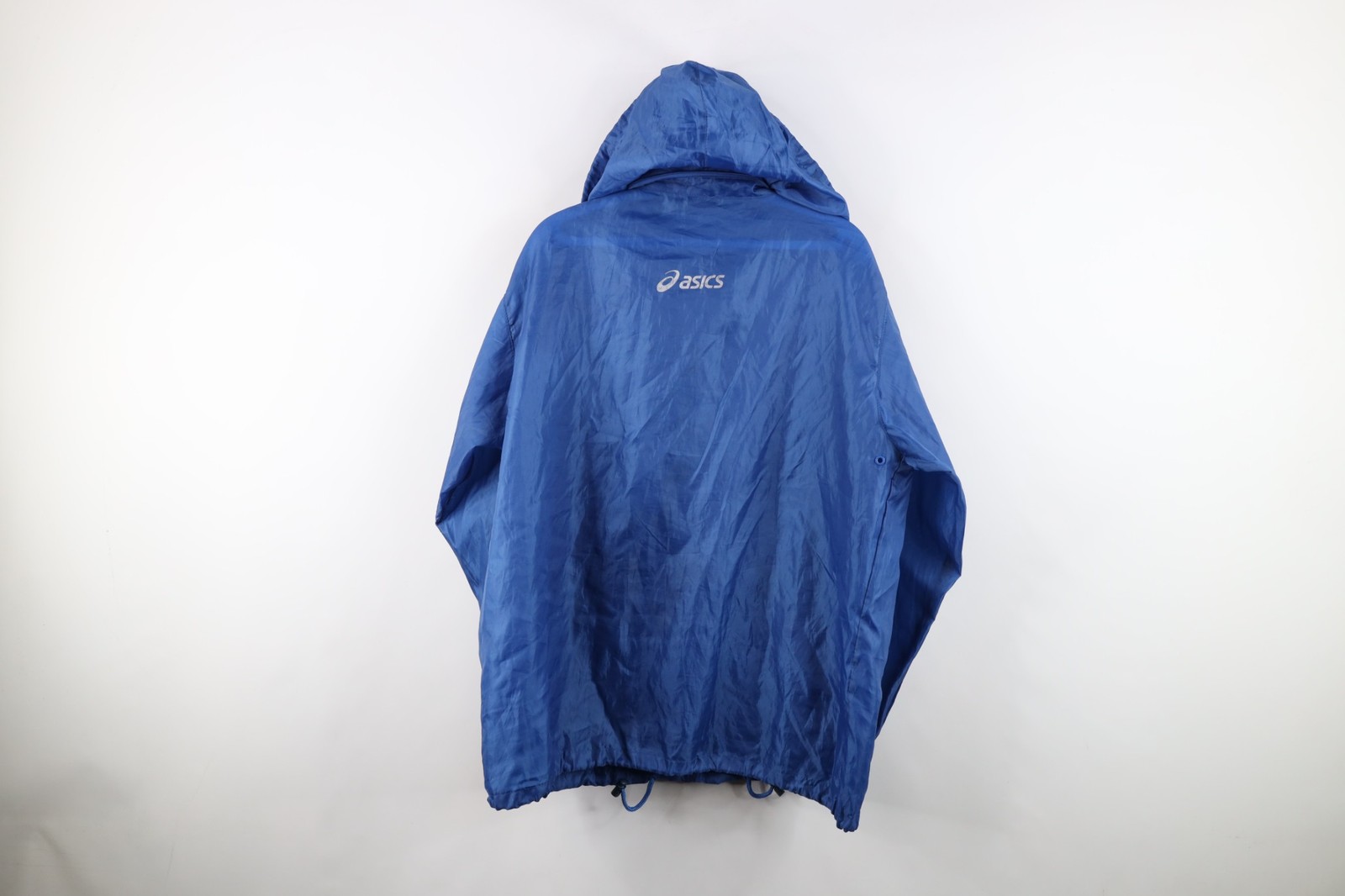 Vintage 90s ASICS Womens XL Distressed Spell Out Hooded Windbreaker Jacket Blue thumbnail 16