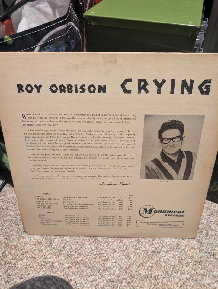 Roy Orbison CRYING LP 1962 Rock Pop Monument M4007 High Fidelity - Image 2 of 3