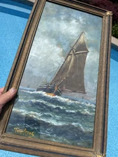 Nice Framed Arts & Crafts Signed Taber Prang Sailboat Nautical Print 13x22"