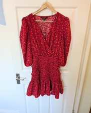 Lipsy Red Heart Print Ruched Shirred Mini Dress Spring Summer Cocktail Size 10