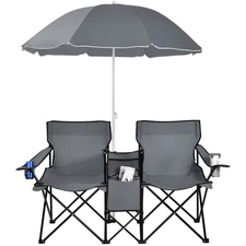 Folding Portable Picnic Double Chair W/Umbrella Table Cooler Beach Camping Gray