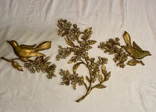 Vtg 1967 MCM  Dart Syroco Dogwood Flower & Birds On Branches Wall Art Gold 3 Pc