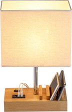 USB Bedside Table Lamp with 3 Charging Ports Phone Dock Wooden Base Desk Lamp