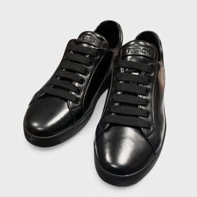 New Prada All Black Leather Low Top Sneakers Size 37