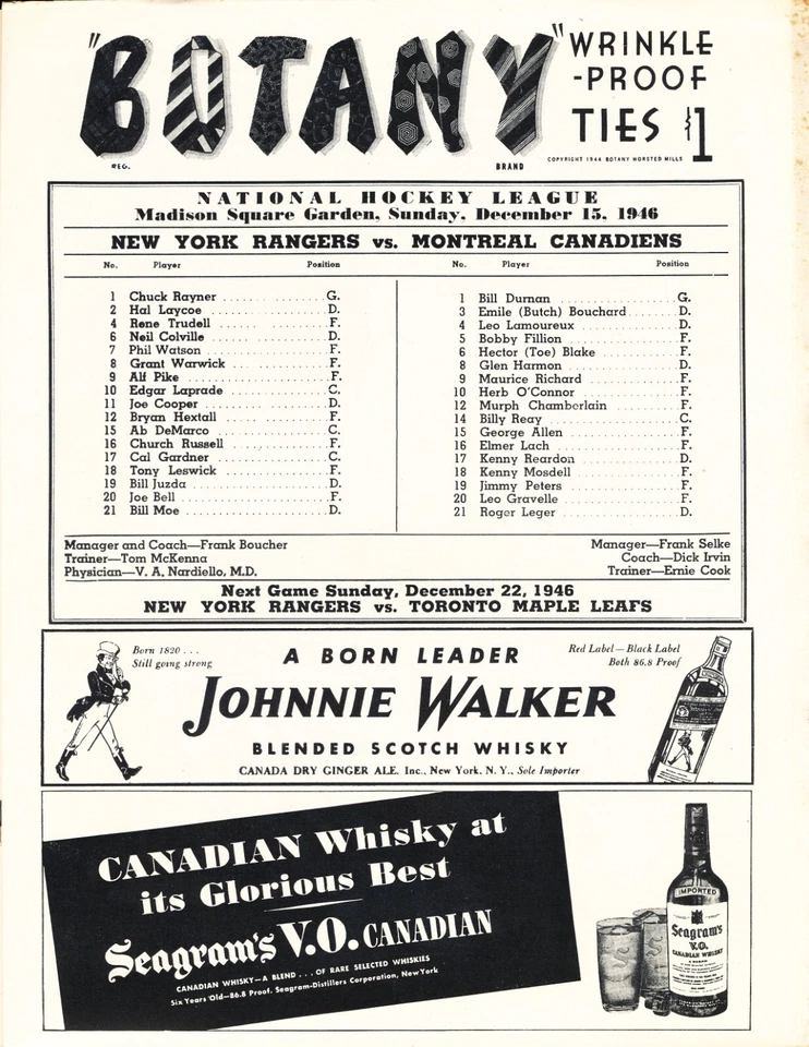 NR MINT 12/15/1946 Rangers Vs Canadiens NHL Program - Maurice Richard 2 Goals - Image 2 of 4