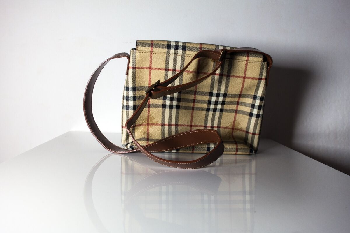 Burberry Logos Nova Check Shoulder Bag Canvas Leather Beige