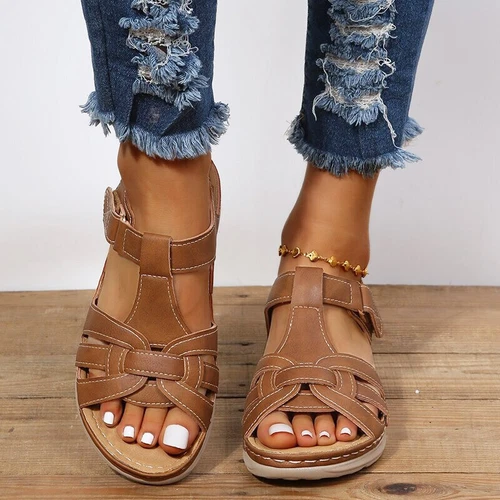 Sandalias de cuña ortopédicas informales de verano para damas Zapatos cómodos con punta abierta plana - Imagen 1 de 22