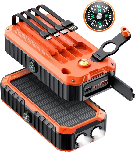 Qisa Solar Charger Power Bank 40000Mah Built in 4 Cables and Hand Crank, Portabl