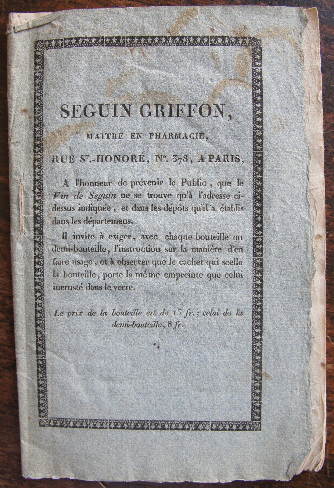 SEGUIN GRIFFON MAITRE PHARMACIE 1814 , TRAITEMENT PAR ATONIE , DUC DE BOURGOGNE
